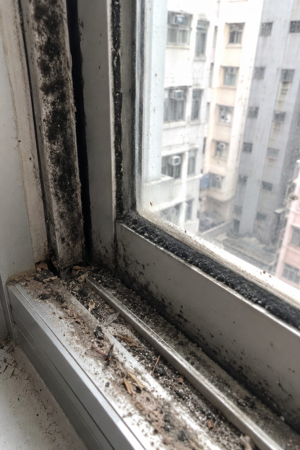 除霉前:鋁窗框及窗軌積聚黑霉及污垢
