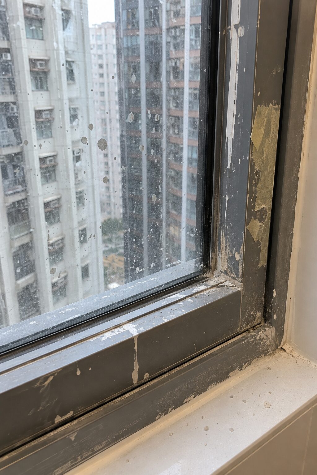 清潔前:窗框及玻璃沾滿油漆漬及灰塵